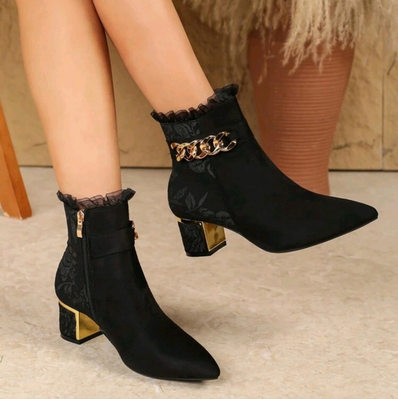 Fashionable Chunky Heel Boots,Lace Up Side Zipper Ankle Boots,Pointed Toe High - Picture 2 of 5